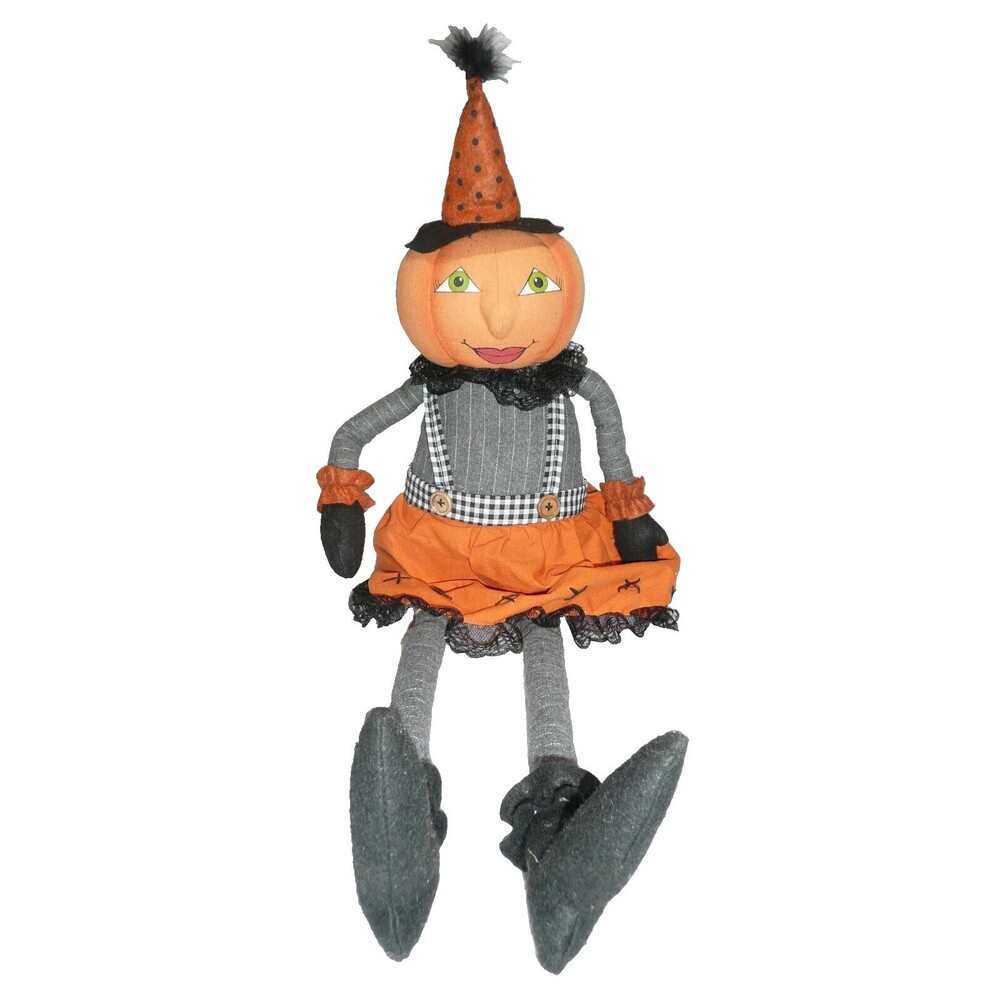 Halloween Lady Pumpkin Jack O Lantern Plush Doll Shelf Sitter 20" Folk Primitive